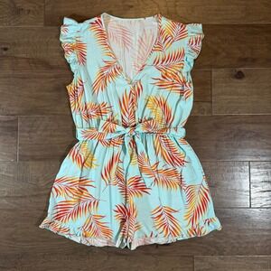 Cupshe Womens Tropical Palm Leaf Ruffle Romper Aqua Orange V-Neck Large
